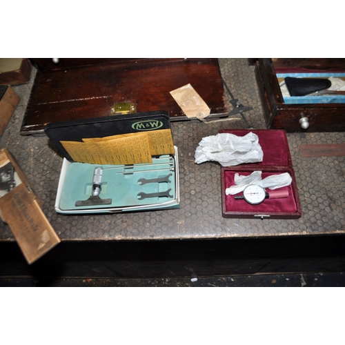 55 - A WOODEN ENGINEERS TOOLBOX CONTAINING MARKING AND MEASURING EQUIPMENT including micrometers, depth a... 