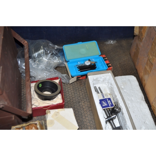 61 - A VINTAGE WOODEN BOX  CONTAINING ENGINEERING TOOLS AND TEST EQUIPMENT including micrometers, dial ga... 