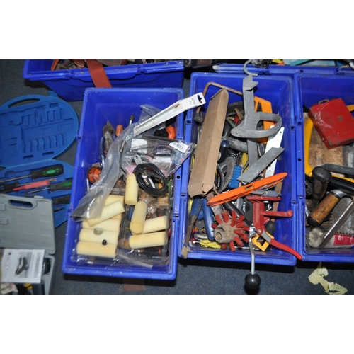 76 - FIVE TRAYS CONTAINING TOOLS including pipe wrenches, tank spanners, hammers, axes, saws, screwdriver... 