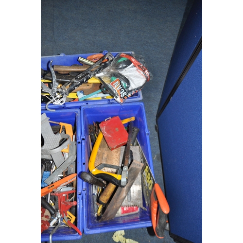 76 - FIVE TRAYS CONTAINING TOOLS including pipe wrenches, tank spanners, hammers, axes, saws, screwdriver... 