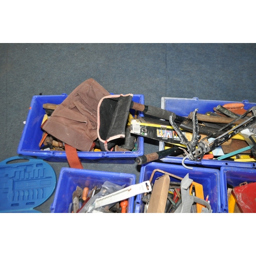 76 - FIVE TRAYS CONTAINING TOOLS including pipe wrenches, tank spanners, hammers, axes, saws, screwdriver... 