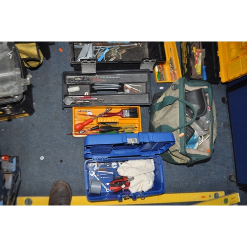 77 - FIVE TOOLBOXES AND A TOOL BAG CONTAINING TOOLS including spirit levels, spanners, sockets a Draper T... 