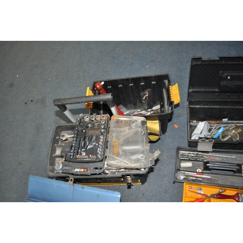 77 - FIVE TOOLBOXES AND A TOOL BAG CONTAINING TOOLS including spirit levels, spanners, sockets a Draper T... 