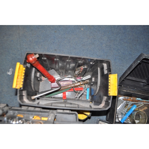 77 - FIVE TOOLBOXES AND A TOOL BAG CONTAINING TOOLS including spirit levels, spanners, sockets a Draper T... 