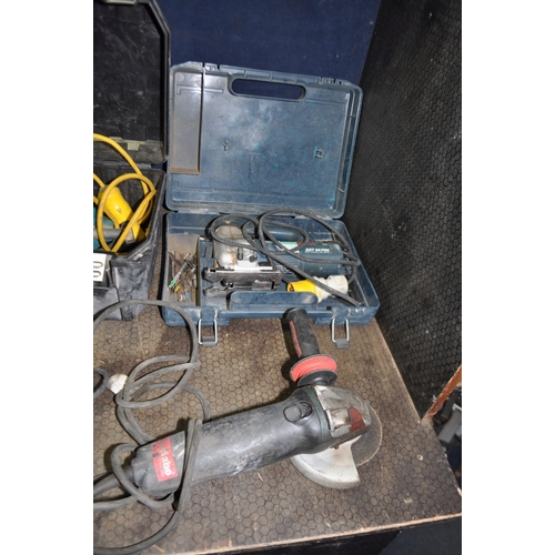 80 - A COLLECTION OF 110V POWER TOOLS including two Bosch jigsaw, a Makita router and electric planer, a ... 