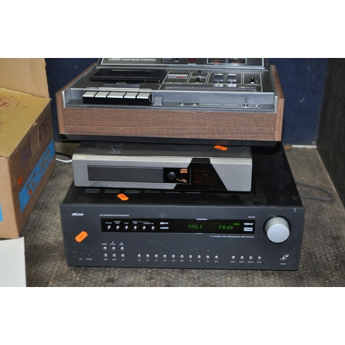 86 - A QUAD, ARCAM AND SONY COMPONENT HI FI comprising of a 66 CD player (NO POWER CABLE SUPPLIED), an AV... 
