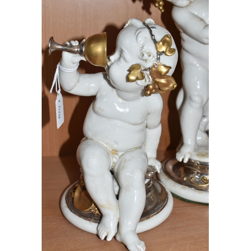 841 - THREE GIUSEPPE CALLÉ CAPODIMONTE FIGURES OF CHERUBS, the porcelain figures wearing gilt and silver l... 