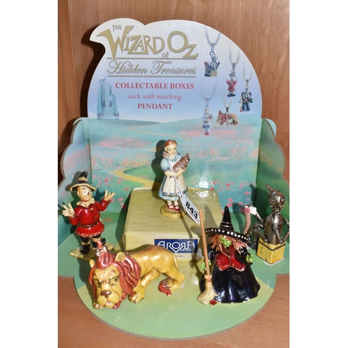 843 - FIVE ARORA DESIGN HIDDEN TREASURES THE WIZARD OF OZ TRINKET BOXES, with display stand, enamel trinke... 