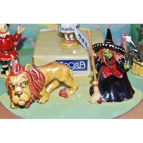 843 - FIVE ARORA DESIGN HIDDEN TREASURES THE WIZARD OF OZ TRINKET BOXES, with display stand, enamel trinke... 