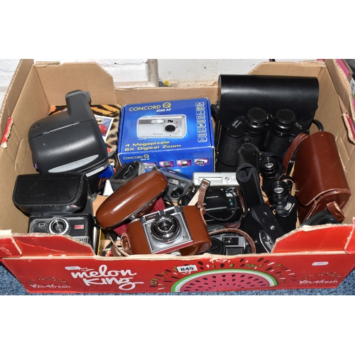 845 - A BOX OF CAMERAS, BINOCULARS AND RELATED ITEMS, to include a cased Zeiss Ikon Contina Prontor - SVS,... 