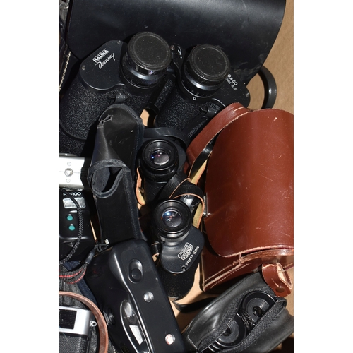 845 - A BOX OF CAMERAS, BINOCULARS AND RELATED ITEMS, to include a cased Zeiss Ikon Contina Prontor - SVS,... 