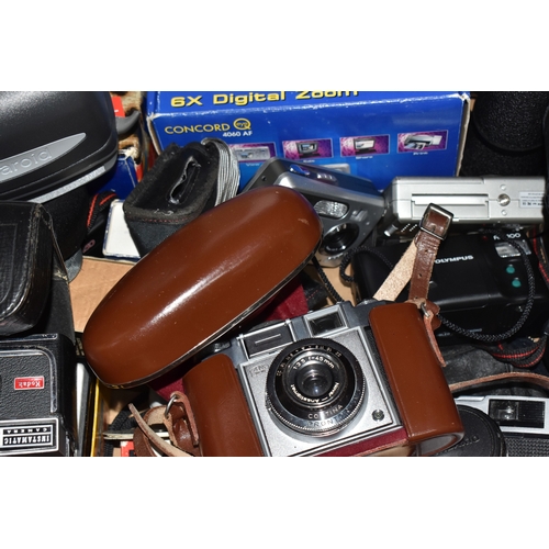 845 - A BOX OF CAMERAS, BINOCULARS AND RELATED ITEMS, to include a cased Zeiss Ikon Contina Prontor - SVS,... 