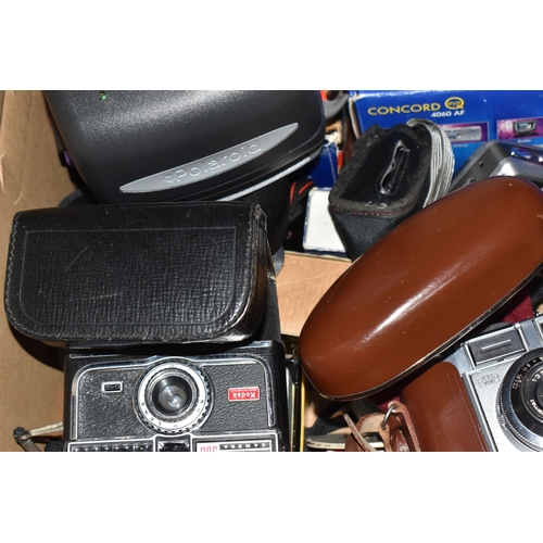 845 - A BOX OF CAMERAS, BINOCULARS AND RELATED ITEMS, to include a cased Zeiss Ikon Contina Prontor - SVS,... 