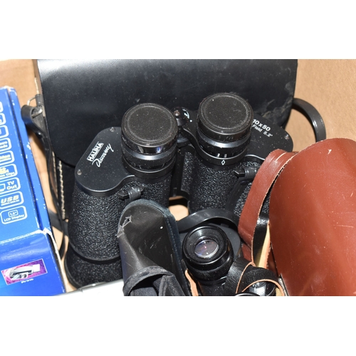 845 - A BOX OF CAMERAS, BINOCULARS AND RELATED ITEMS, to include a cased Zeiss Ikon Contina Prontor - SVS,... 