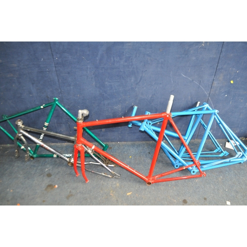 5 - A COLLECTION OF BIKE FRAMES AND WHEELS, including Imperial Petrel, Raleigh, Lynx, Marlboro frames, w... 