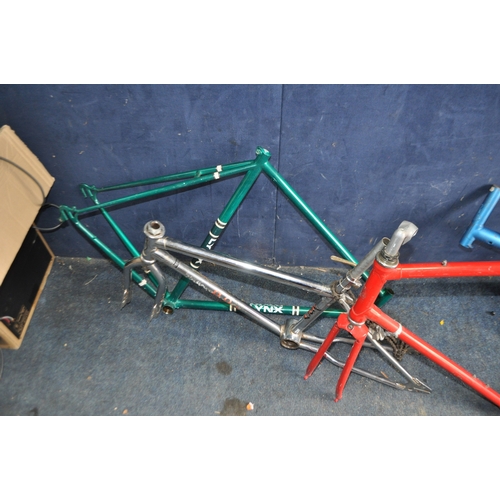 5 - A COLLECTION OF BIKE FRAMES AND WHEELS, including Imperial Petrel, Raleigh, Lynx, Marlboro frames, w... 