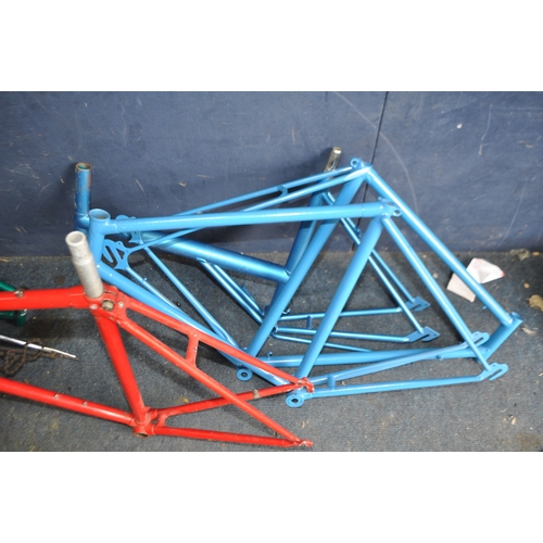 5 - A COLLECTION OF BIKE FRAMES AND WHEELS, including Imperial Petrel, Raleigh, Lynx, Marlboro frames, w... 