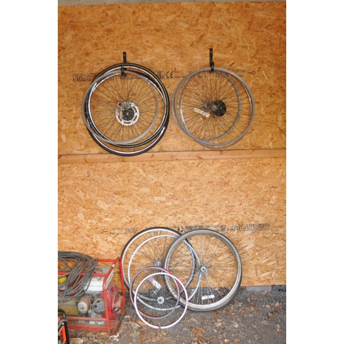 5 - A COLLECTION OF BIKE FRAMES AND WHEELS, including Imperial Petrel, Raleigh, Lynx, Marlboro frames, w... 