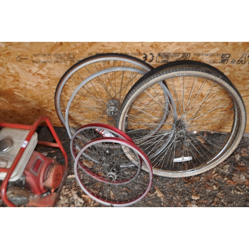 5 - A COLLECTION OF BIKE FRAMES AND WHEELS, including Imperial Petrel, Raleigh, Lynx, Marlboro frames, w... 