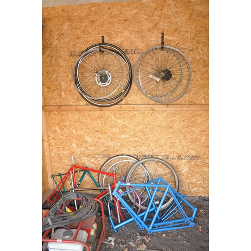 5 - A COLLECTION OF BIKE FRAMES AND WHEELS, including Imperial Petrel, Raleigh, Lynx, Marlboro frames, w... 