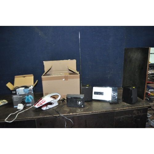 80 - A BOX CONTAINING HOUSEHOLD ELECTRICALS, including a Silvercrest Hi Fi with matching speakers and rem... 