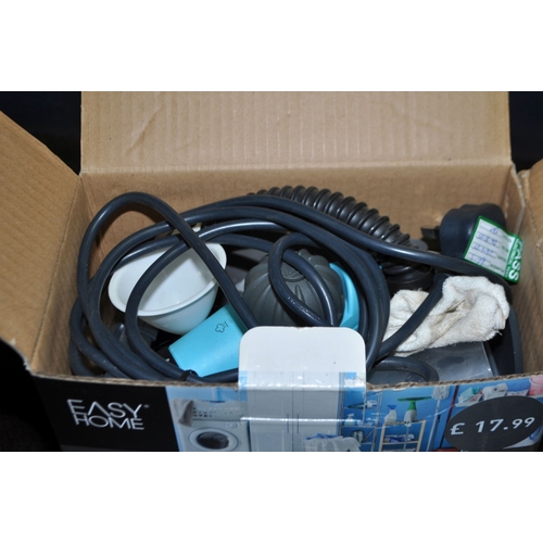 80 - A BOX CONTAINING HOUSEHOLD ELECTRICALS, including a Silvercrest Hi Fi with matching speakers and rem... 