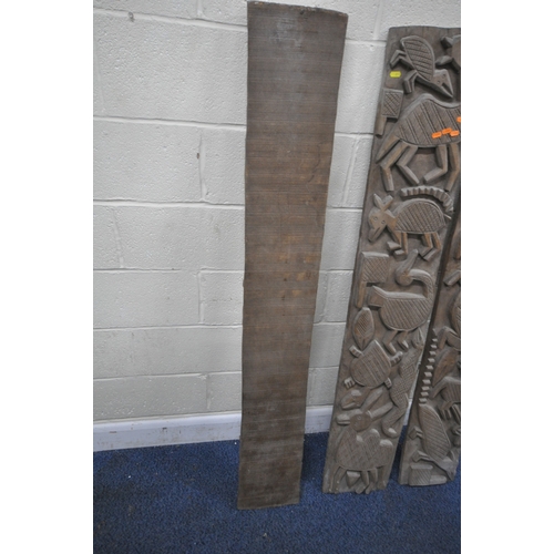 THREE CARVED WOODEN RECTANGULAR AFRICAN TRIBAL PANELS, depicting ...