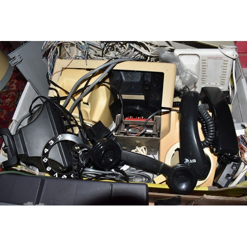 TWO BOXES AND FOUR TRAYS OF TELEPHONE PARTS AND EQUIPMENT to include ...