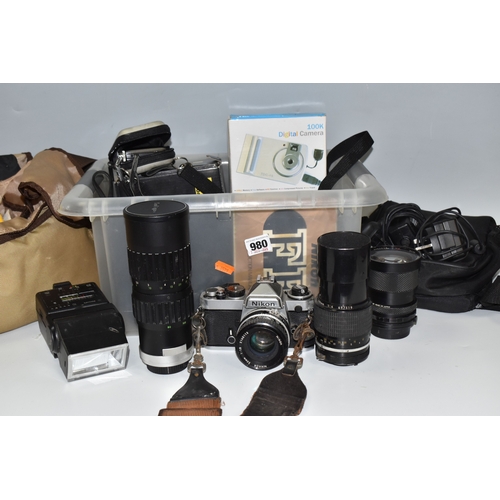 A BOX AND LOOSE CAMERAS AND LENSES, etc, to include a Nikon FE camera ...