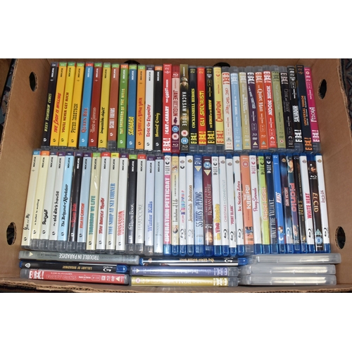 A BOOKCASE AND THREE BOXES OF DVDS AND BLU RAYS to include a bookcase ...