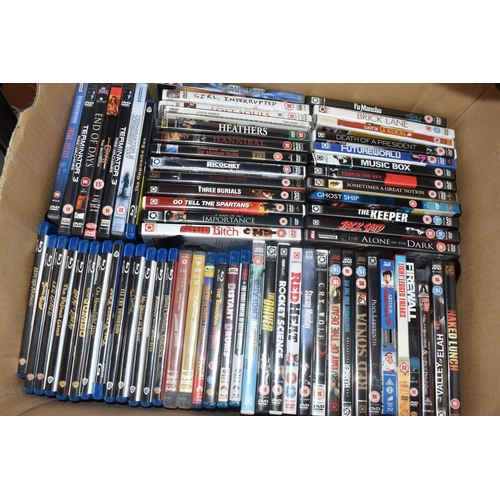 A BOOKCASE AND THREE BOXES OF DVDS AND BLU RAYS to include a bookcase ...