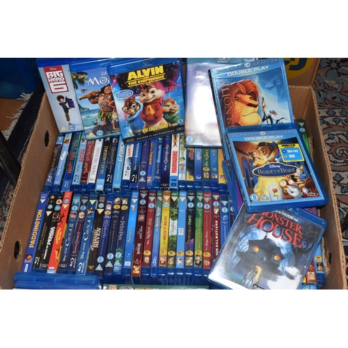A BOOKCASE AND THREE BOXES OF DVDS AND BLU RAYS to include a bookcase ...
