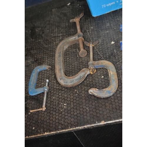 59 - A BOX CONTAINING CLAMPS including two Record 133/25 speed clamps, a 6, a 3, a 119 and a Carver T186/... 