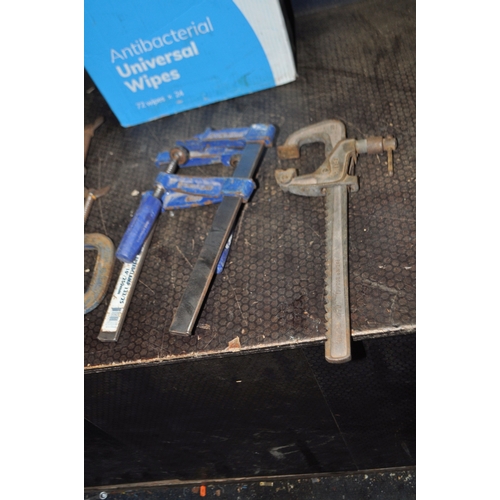 59 - A BOX CONTAINING CLAMPS including two Record 133/25 speed clamps, a 6, a 3, a 119 and a Carver T186/... 