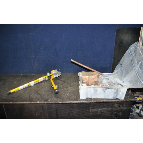 77 - A TRAY CONTAINING PLUMBING TOOLS AND HARDWARE including a Monument pipe bender, a Myson heating pump... 