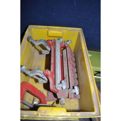 97 - TWO TRAYS CONTAINING ENGINEERING TOOLS including a Chesterman height gauge, a marking stand, various... 