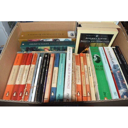 FOUR BOXES OF BOOKS containing approximately 140 PENGUIN titles in ...