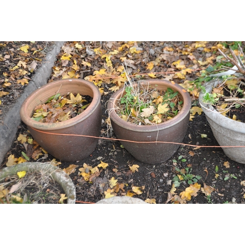 13 - A PAIR OF TERRACOTTA PLANTERS, 40cm diameter x height 31cm, and a pair of concrete planters, diamete... 