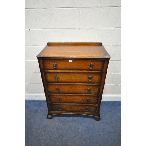 151 - AN EARLY 20TH CENTURY OAK CHEST OF FIVE DRAWERS, raised on scrolled legs, width 85cm x depth 43cm x ... 