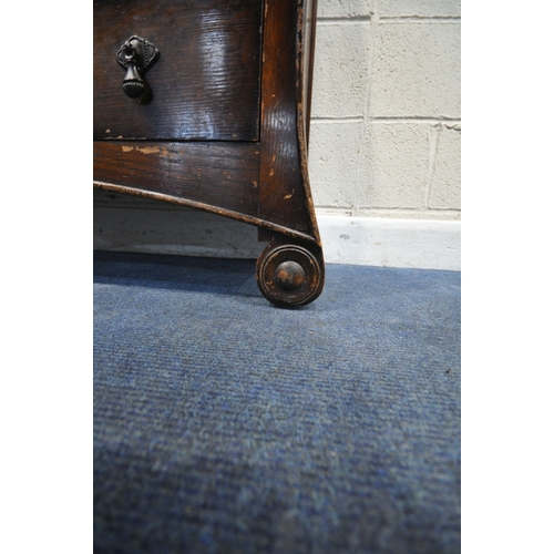 151 - AN EARLY 20TH CENTURY OAK CHEST OF FIVE DRAWERS, raised on scrolled legs, width 85cm x depth 43cm x ... 