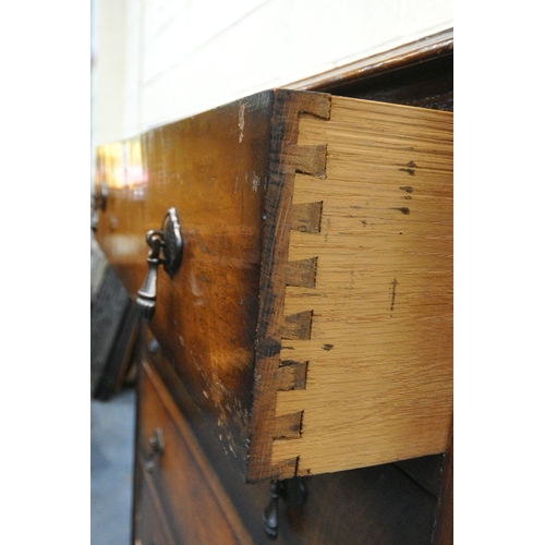 151 - AN EARLY 20TH CENTURY OAK CHEST OF FIVE DRAWERS, raised on scrolled legs, width 85cm x depth 43cm x ... 