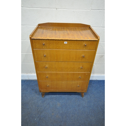 152 - LEBUS, A MID CENTURY TOLA CHEST OF FIVE DRAWERS, with raised back and sides, on tapered legs, width ... 