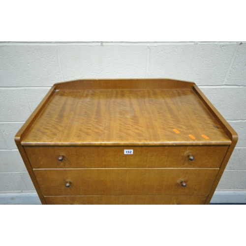 152 - LEBUS, A MID CENTURY TOLA CHEST OF FIVE DRAWERS, with raised back and sides, on tapered legs, width ... 