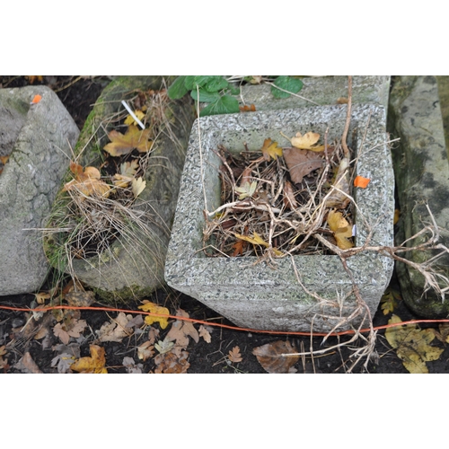16 - A SANDSTONE TRIANGULAR TROUGH, 48cm x depth 31cm x height 18cm, two pairs of small concrete planters... 