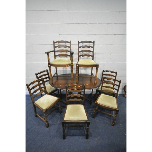 161 - A 20TH CENTURY OAK GATE LEG TABLE, raised on block and turned legs, united by stretchers, open width... 