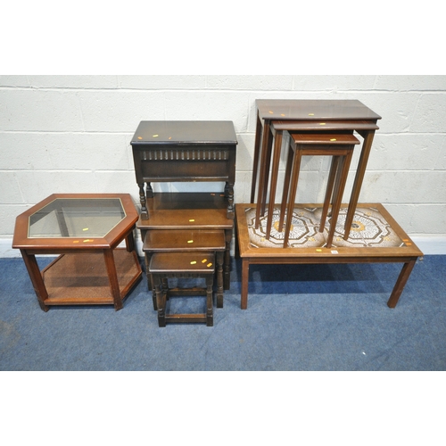 164 - A RECTANGULAR TILE TOP COFFEE TABLE, width 93cm x depth 52cm x height 42cm, a nest of four tables, a... 