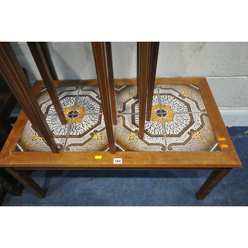 164 - A RECTANGULAR TILE TOP COFFEE TABLE, width 93cm x depth 52cm x height 42cm, a nest of four tables, a... 