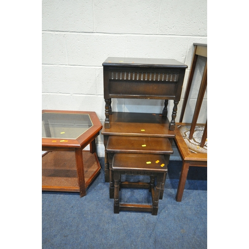 164 - A RECTANGULAR TILE TOP COFFEE TABLE, width 93cm x depth 52cm x height 42cm, a nest of four tables, a... 