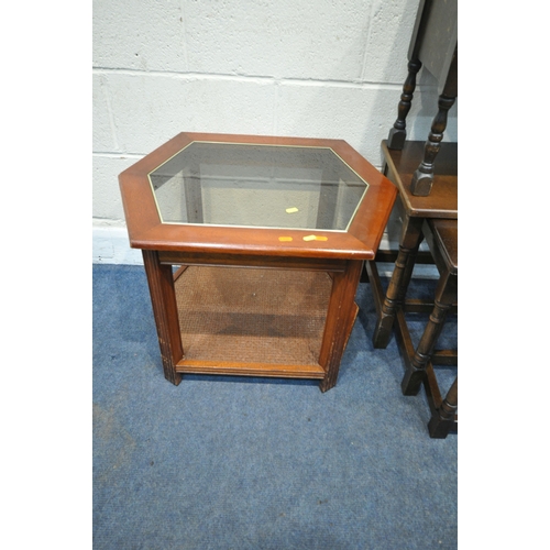 164 - A RECTANGULAR TILE TOP COFFEE TABLE, width 93cm x depth 52cm x height 42cm, a nest of four tables, a... 