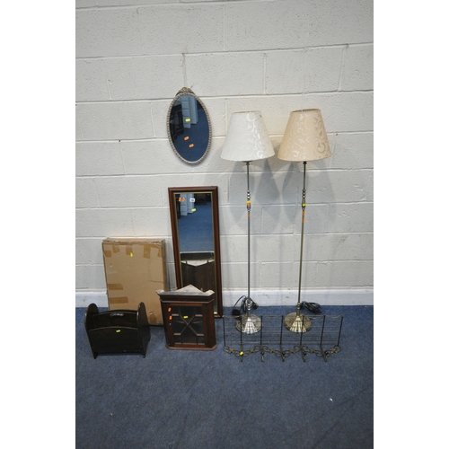 165 - A SELECTION OF OCCASIONAL FURNITURE, to include two standard lamps, two mirrors, a small corner cupb... 